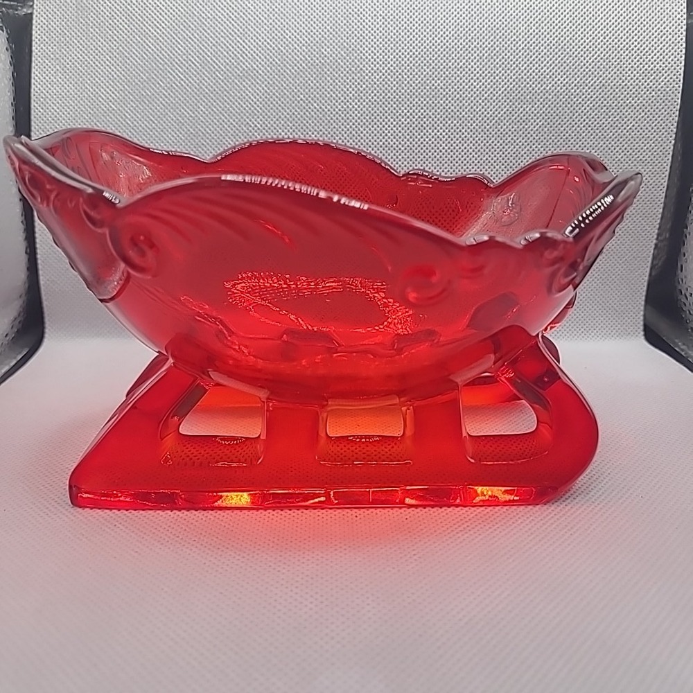 Vintage Red Glass Sleigh Bowl Holiday Decor Ruby Red Small Sled Candy Dish